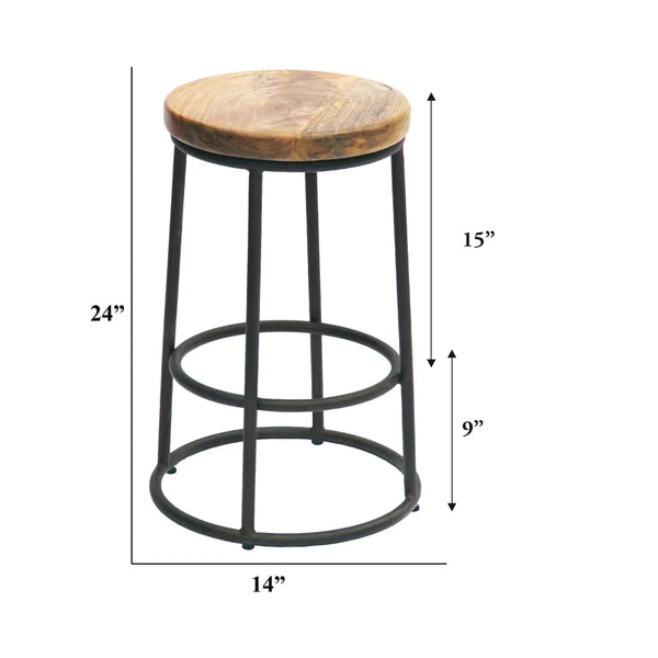 Benzara 24 Inch Acacia Wood Counter Height Barstool with Iron Base