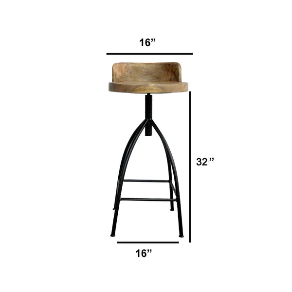 Benzara 30-35 Inch Industrial Style Adjustable Swivel Bar Stool with Backrest