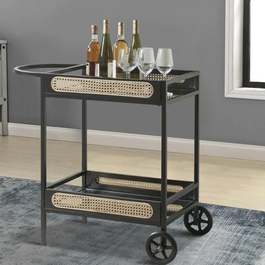 Benzara 33 Inch Wood Serving Bar Cart with Mirrored Shelf, 2 Wheels, Handle