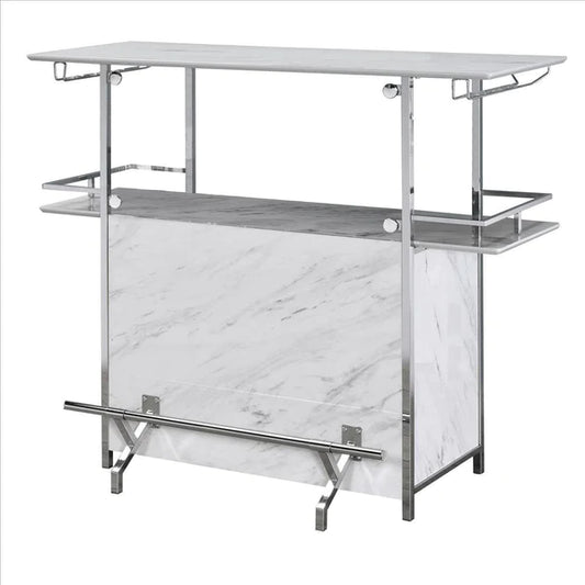 Benzara Bar Table with Faux Marble and Chrome Finish