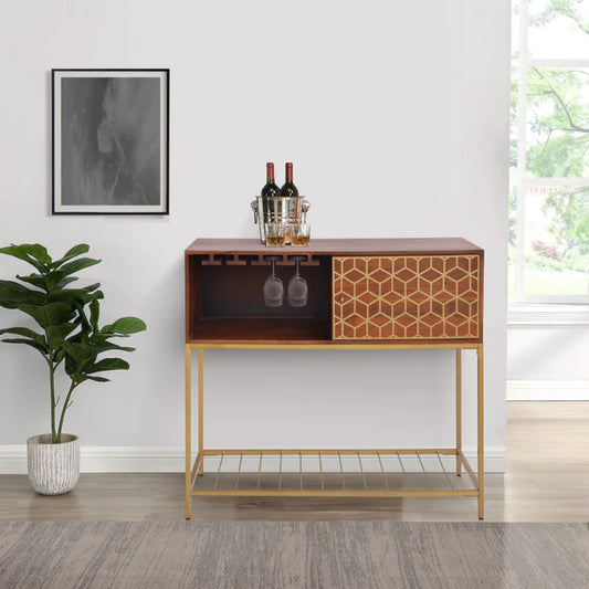 Benzara Kalyn 48 Inch Acacia Wood Bar Cabinet, 1 Door, Metal Frame, Geometric Screen-Printed Design