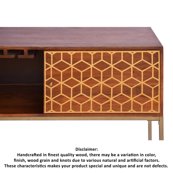 Benzara Kalyn 48 Inch Acacia Wood Bar Cabinet, 1 Door, Metal Frame, Geometric Screen-Printed Design