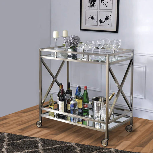 Benzara Metal Framed Two Tier Serving Cart with X Shaped Side Panels, Mirrored