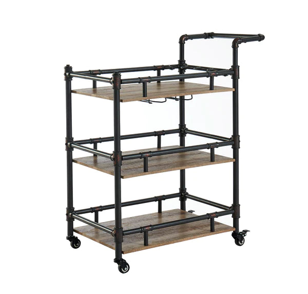 Benzara Rustic Three Tier Wood and Metal Serving Cart
