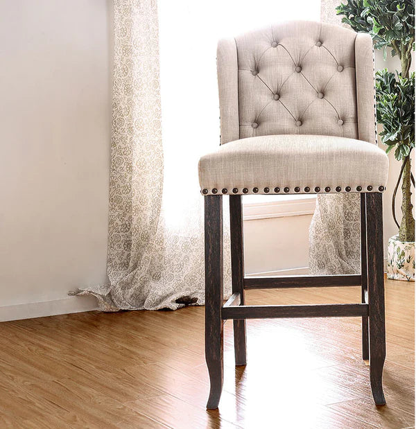 Benzara Sania II Rustic Bar Chair, Ivory & Antique Black Legs Finish, Set Of 2