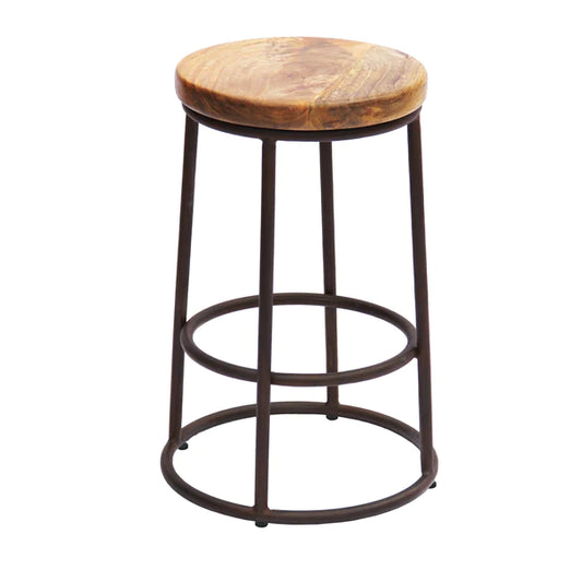 Benzara 24 Inch Acacia Wood Counter Height Barstool with Iron Base