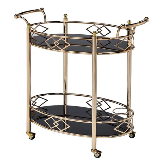 Benzara Metal Framed Serving Cart with Tempered Glass Top and Open Bottom Shelf