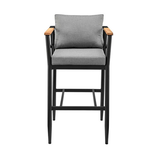 Benzara Kai 30 Inch Patio Barstool, Aluminum Frame, Teak Wood