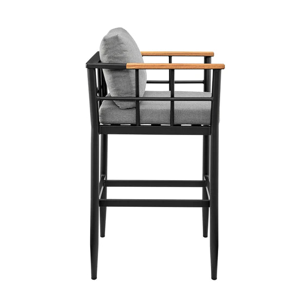 Benzara Kai 30 Inch Patio Barstool, Aluminum Frame, Teak Wood