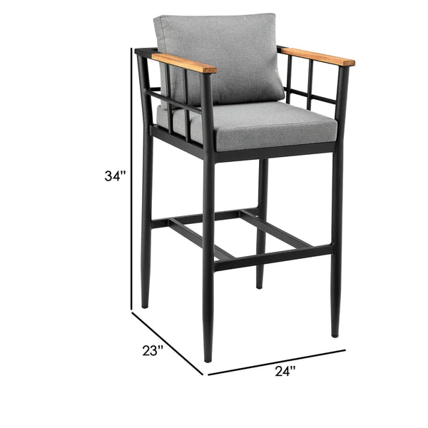Benzara Kai 30 Inch Patio Barstool, Aluminum Frame, Teak Wood