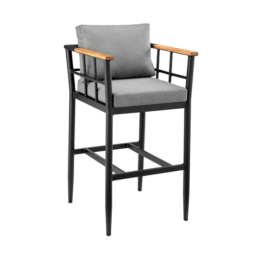 Benzara Kai 30 Inch Patio Barstool, Aluminum Frame, Teak Wood