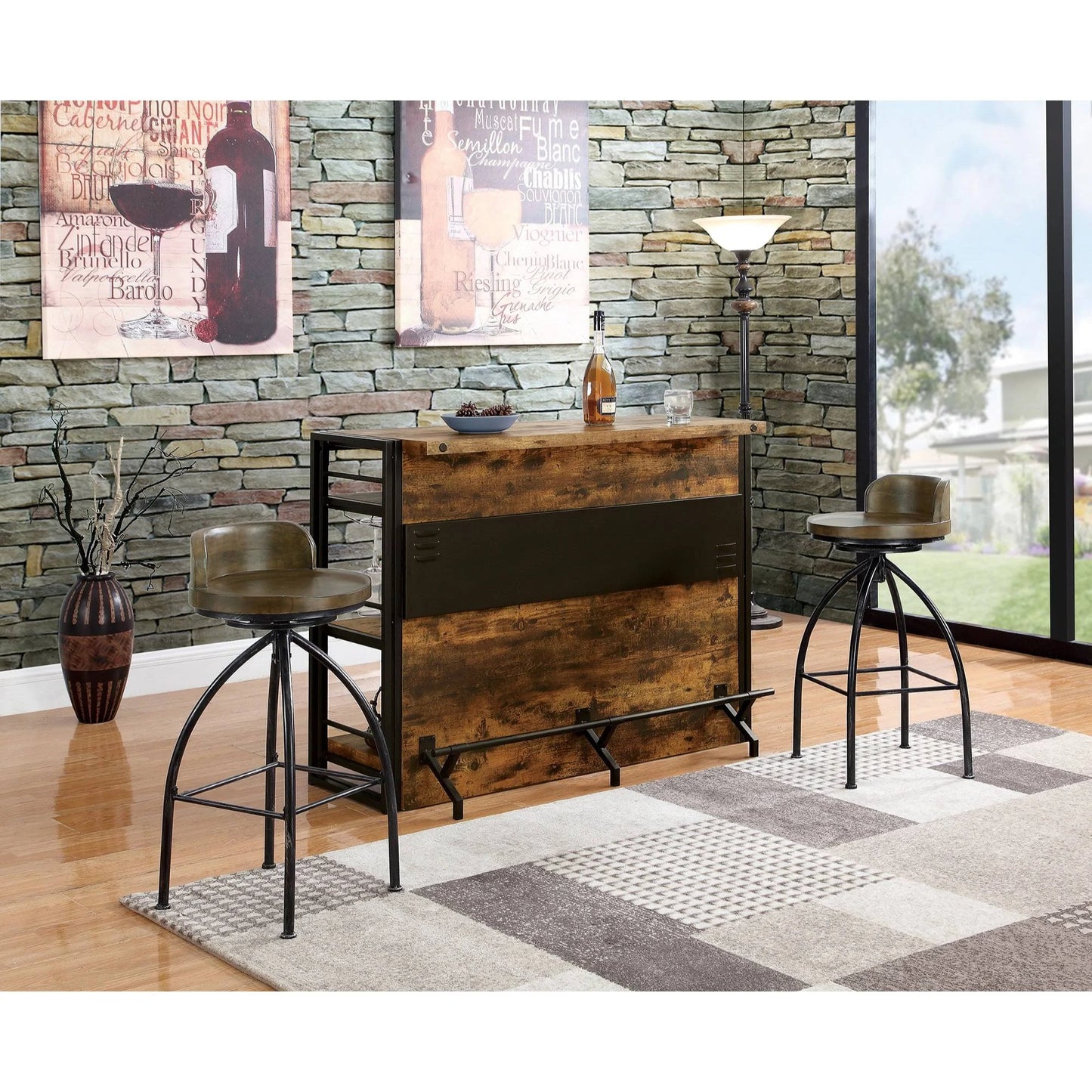 Benzara 30-35 Inch Industrial Style Adjustable Swivel Bar Stool with Backrest