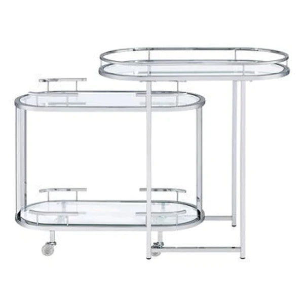Benzara 16 Inch Curved 2 Tier Serving Bar Cart with Tempered Glass Shelves