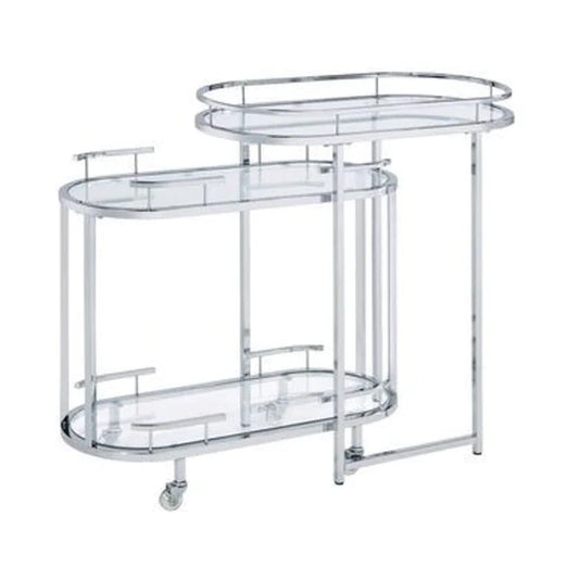 Benzara 16 Inch Curved 2 Tier Serving Bar Cart with Tempered Glass Shelves