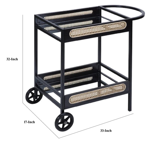 Benzara 33 Inch Wood Serving Bar Cart with Mirrored Shelf, 2 Wheels, Handle