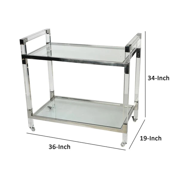 Benzara 36 Inch 2 Tier Bar Cart, Acrylic and Steel Frame, Glass and Chrome Finish