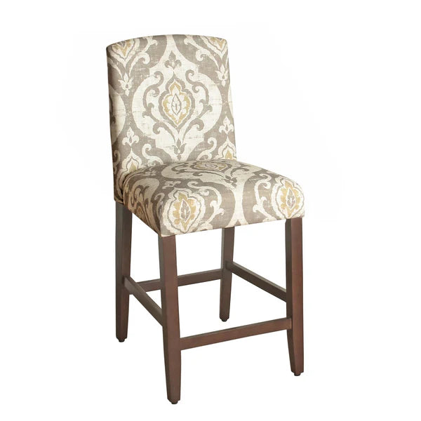 Benzara Fabric Upholstered Wooden Barstool with Medallion Pattern Cushioned Seat