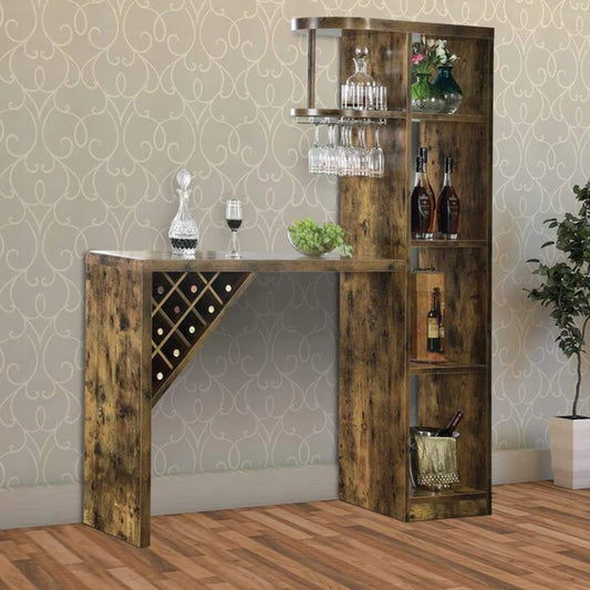 Benzara Wooden Bar Unit with Open Compartments and Diagonal Wine Section