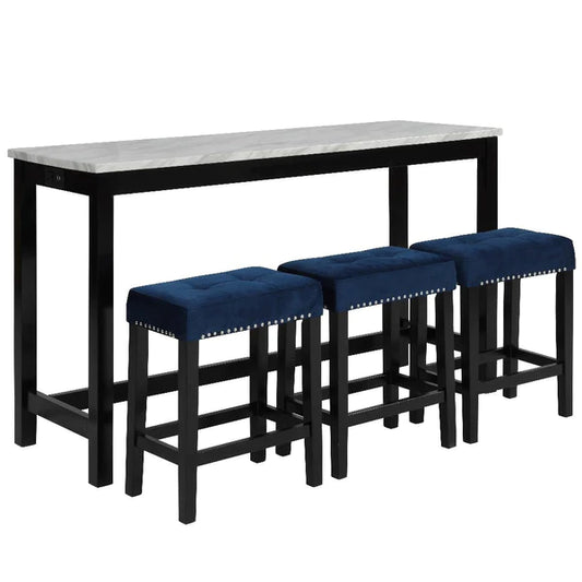 Benzara Kate 60 Inch 4 Piece Bar Table Set with Upholstered Stools