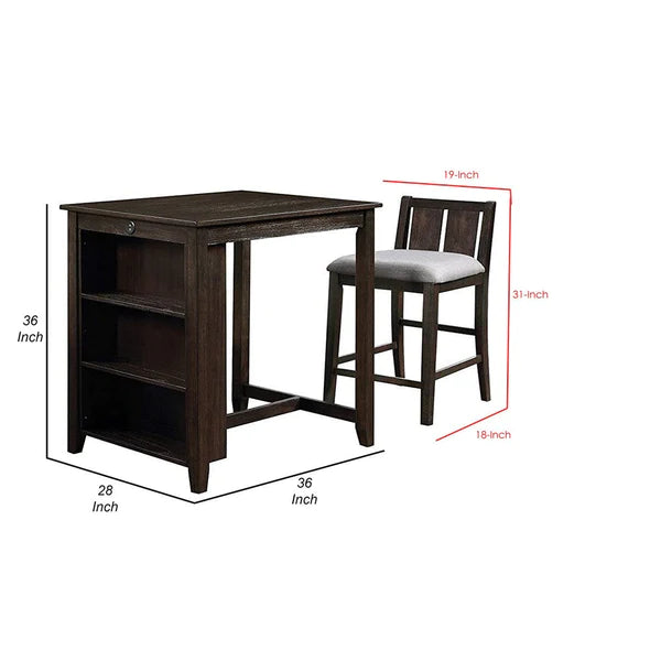 Benzara Hia 3 Piece Counter Table Set, Cushioned Seats, 2 Shelves,