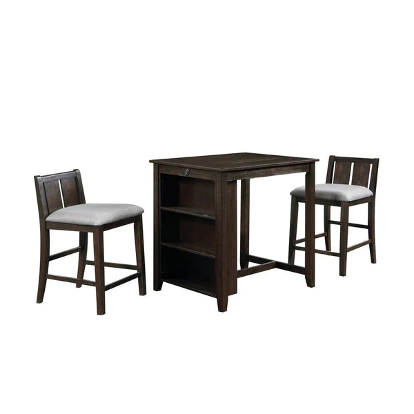 Benzara Hia 3 Piece Counter Table Set, Cushioned Seats, 2 Shelves,