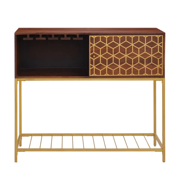 Benzara Kalyn 48 Inch Acacia Wood Bar Cabinet, 1 Door, Metal Frame, Geometric Screen-Printed Design
