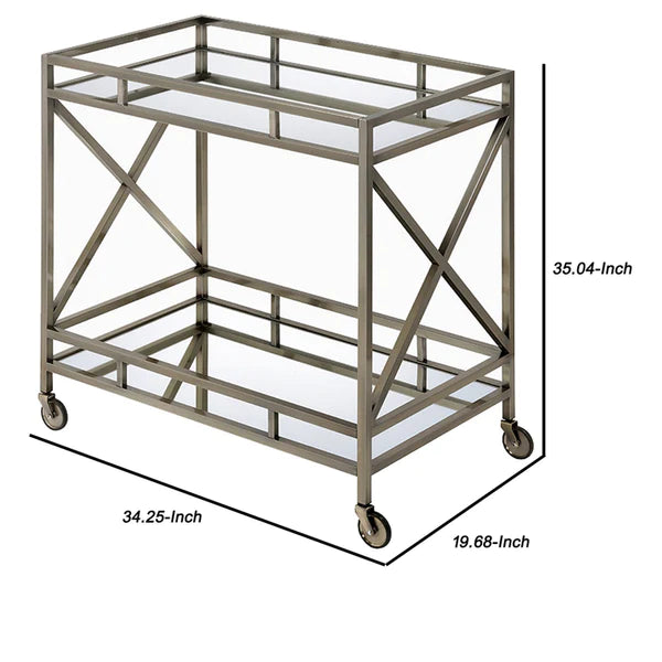 Benzara Metal Framed Two Tier Serving Cart with X Shaped Side Panels, Mirrored
