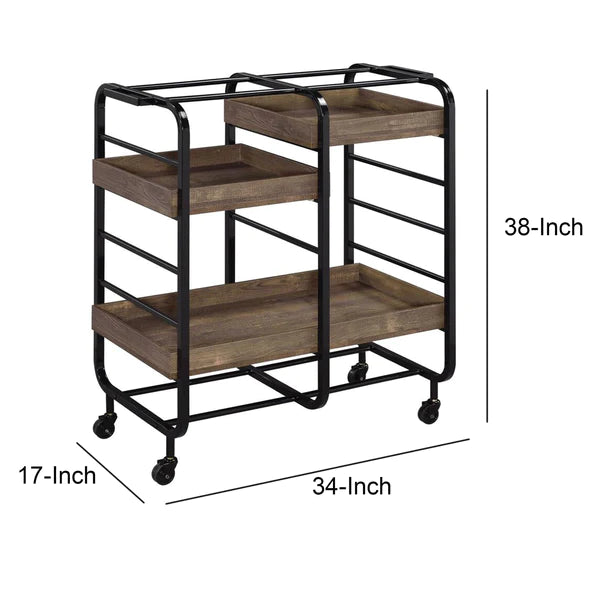 Benzara Metal Frame Serving Cart with 3 Open Storage and Casters