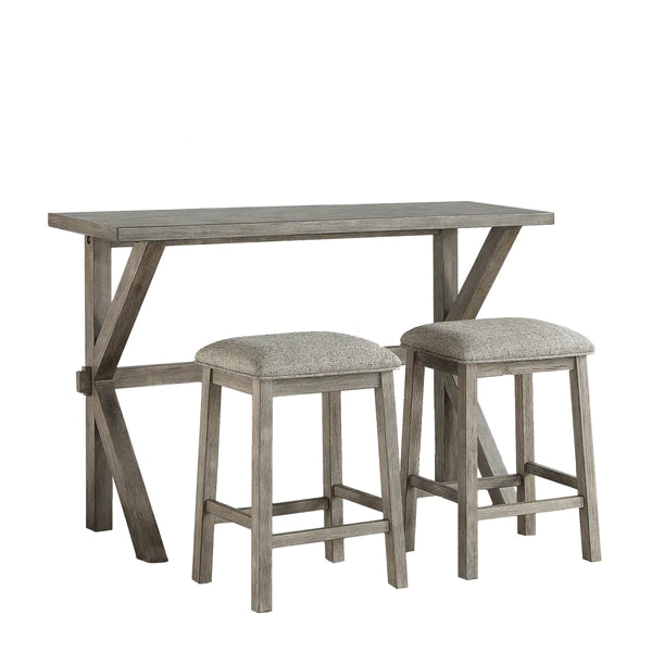 Benzara Trestle Base Counter Height Table with Fabric Backless Stools