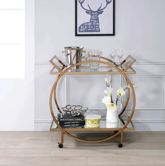 Benzara Metal Serving Cart with Mirrored Open Shelf and Tubular Angled Handles