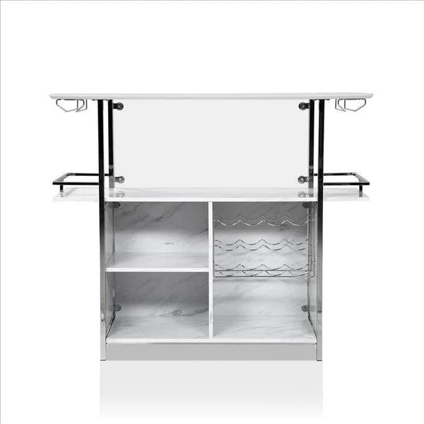 Benzara Bar Table with Faux Marble and Chrome Finish
