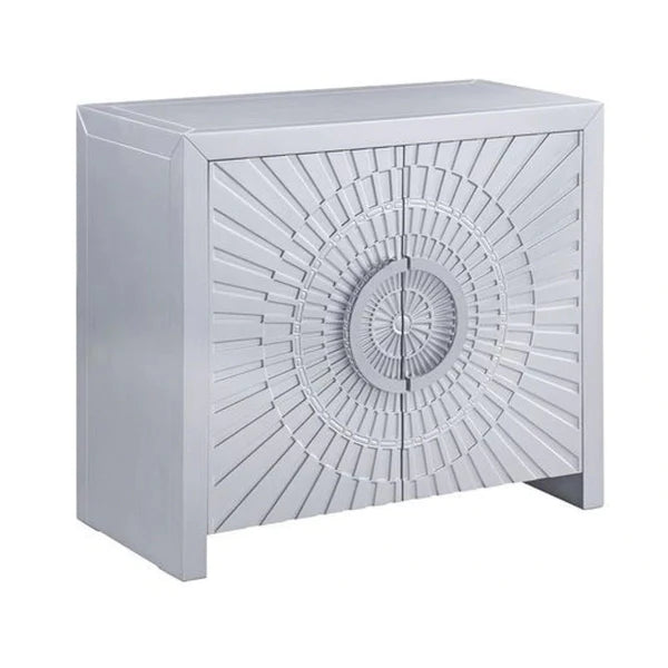 Benzara 37 Inch 2 Door Wood Storage Cabinet Console Table, Sunburst Design